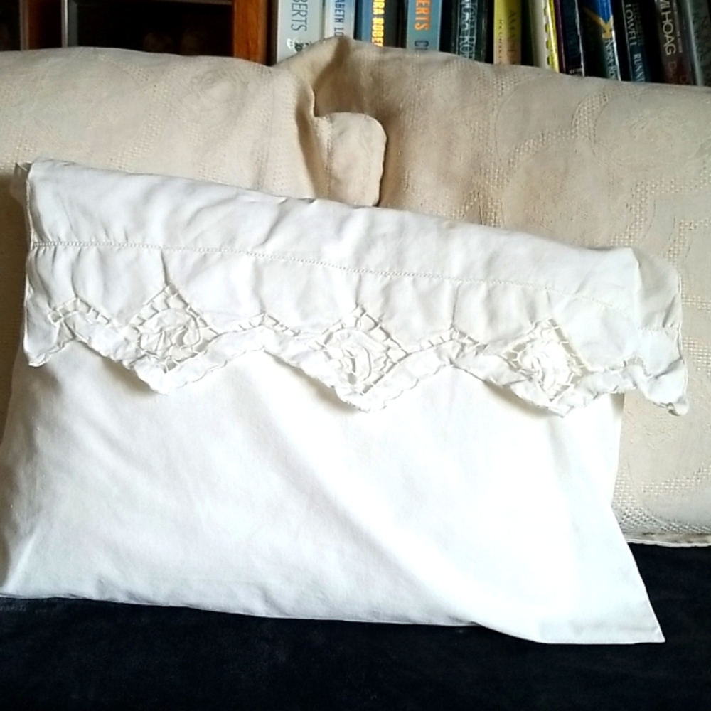 Envelope Style Pillow Cover with Open-Work Embroidery and Entredeux.